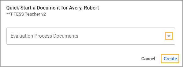 Select an evaluator process document to create for the staff member, or cancel creation.